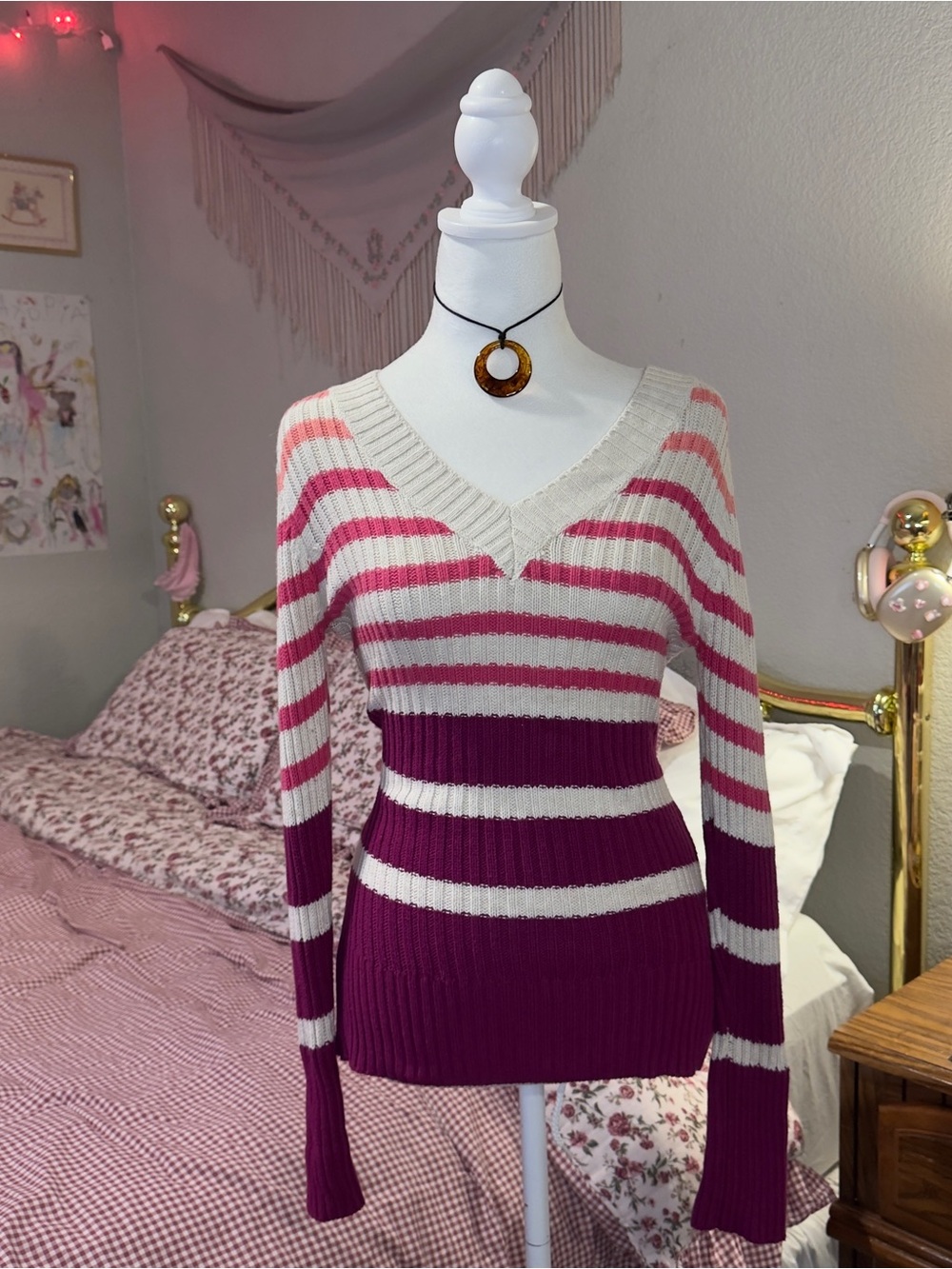 Y2K V-Neck Ribbed Stripe Sweater in Cream and Berry